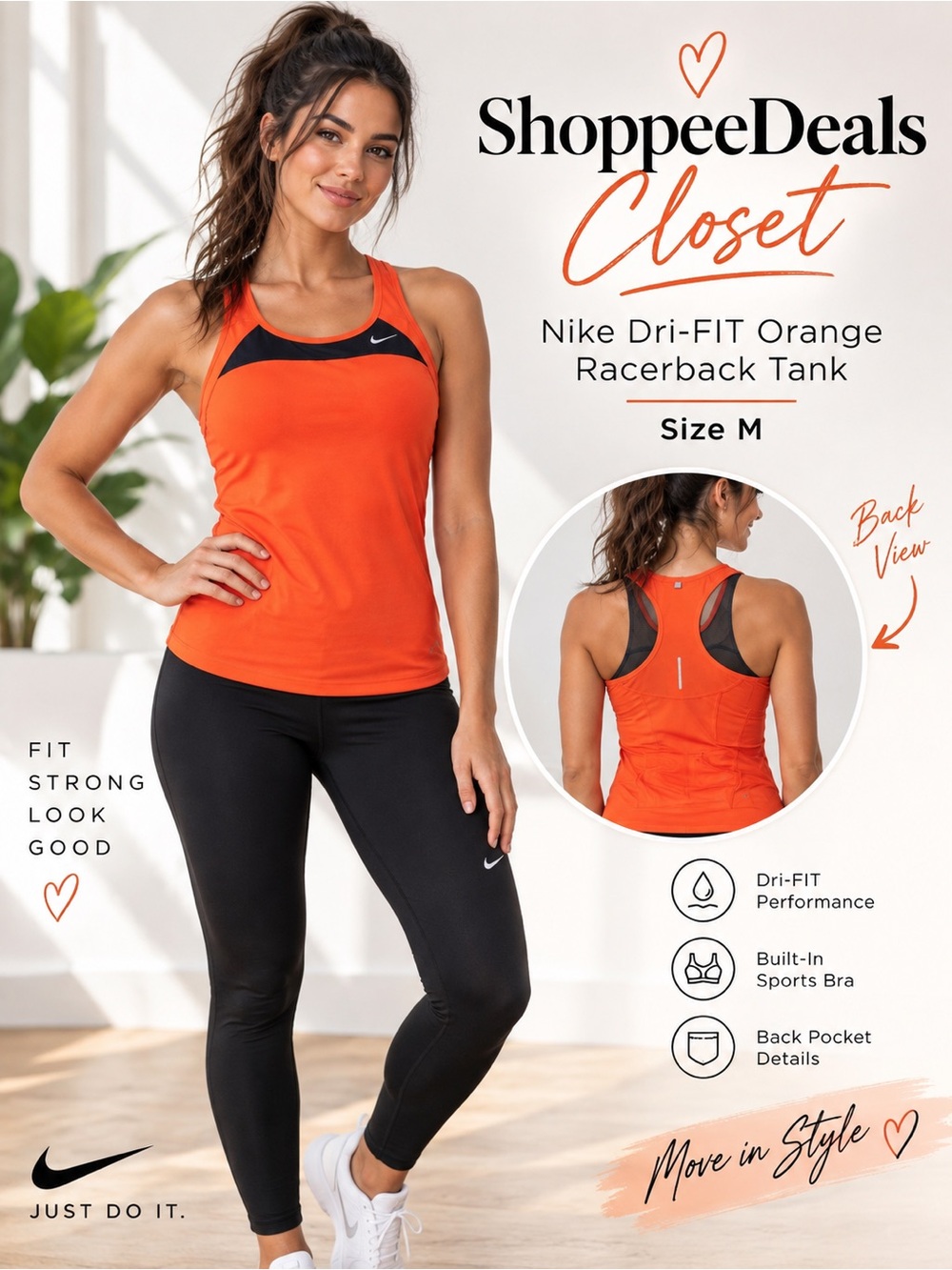 Nike Dri-FIT Orange Racerback Fitted Tank Top Built-In Sports Bra Size M
